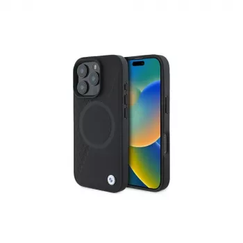 BMW BMHMP16L23RTPK iPhone 16 Pro 6.3 Czarny Hardcase Skórzany Sign Half Textured i Circle MagSafe