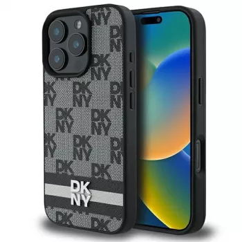 DKNY DKHCP16LPCPTSSK Hard Case do Apple iPhone 16 Pro 6,3 cala czarny wzór w kratkę i nadrukowane paski