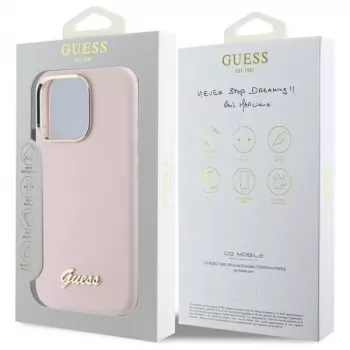 Guess GUHCP16LSMBSLP iPhone 16 Pro 6.3 cala Różowe Silikonowe Etui Twarde z Logo i Ramką Script Metal