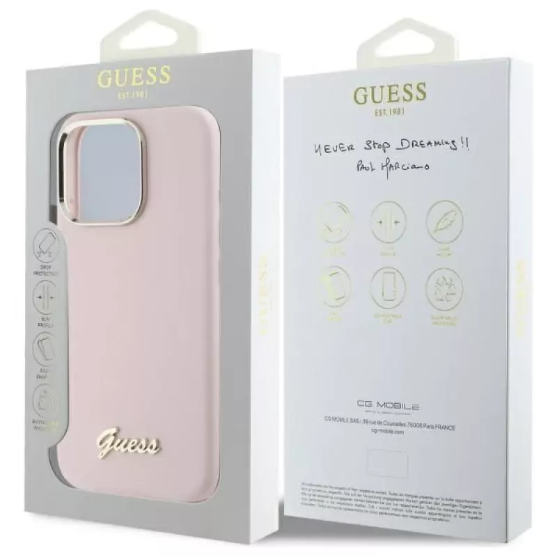 Guess GUHCP16LSMBSLP iPhone 16 Pro 6.3 cala Różowe Silikonowe Etui Twarde z Logo i Ramką Script Metal