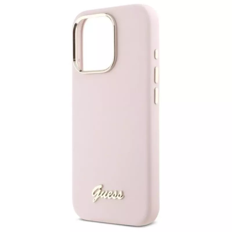 Guess GUHCP16LSMBSLP iPhone 16 Pro 6.3 cala Różowe Silikonowe Etui Twarde z Logo i Ramką Script Metal