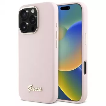 Guess GUHCP16LSMBSLP iPhone 16 Pro 6.3 cala Różowe Silikonowe Etui Twarde z Logo i Ramką Script Metal