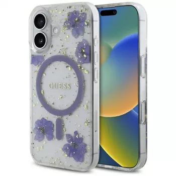 Guess Resin Flowers Glitter MagSafe Case do iPhone 16 Fioletowy