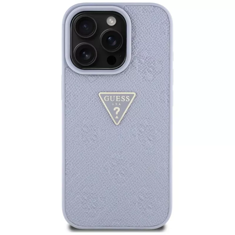 Guess Hot Stamp 4G Pattern Triangle Metal Logo Case do iPhone 16 Pro Max (Fioletowy)