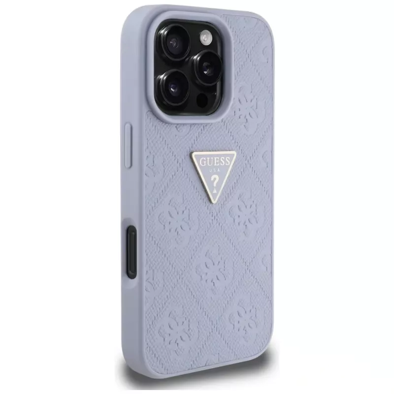 Guess Hot Stamp 4G Pattern Triangle Metal Logo Case do iPhone 16 Pro Max (Fioletowy)