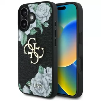 Guess Grained Roses Big 4G Logo Case do Apple iPhone 16, Czarny