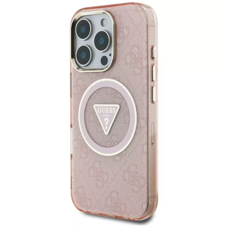 Guess IML Metal Glitter 4G Circle Triangle MagSafe Case do Apple iPhone 16 Pro Max (Różowy)
