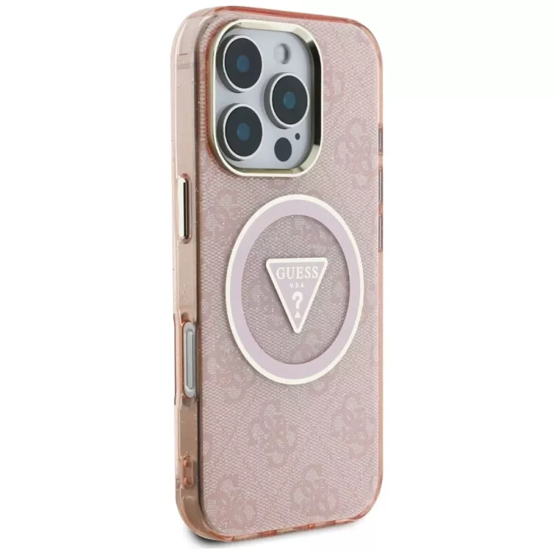 Guess IML Metal Glitter 4G Circle Triangle MagSafe Case do Apple iPhone 16 Pro Max (Różowy)