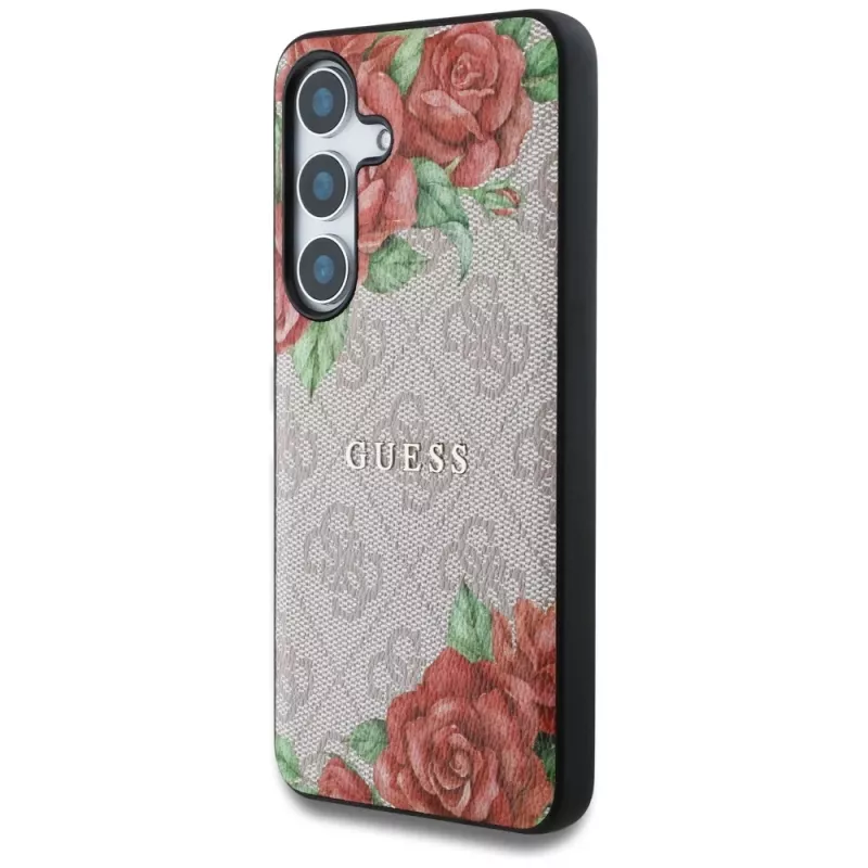 Guess Leather 4G Flowers Print Metal Classic Logo MagSafe Case dla Samsung Galaxy S25 Różowy