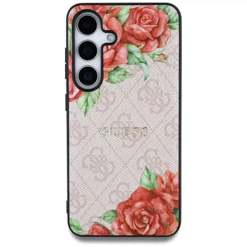 Guess Leather 4G Flowers Print Metal Classic Logo MagSafe Case dla Samsung Galaxy S25 Różowy