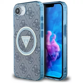 Guess IML Metal Glitter 4G Circle Triangle MagSafe Case do iPhone 16e (Niebieski)