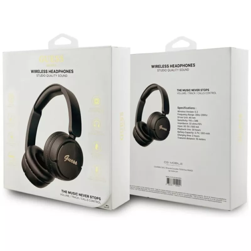 Guess Metal Logo Script Bezprzewodowe Słuchawki Nauszne Bluetooth 5.3, Czarny