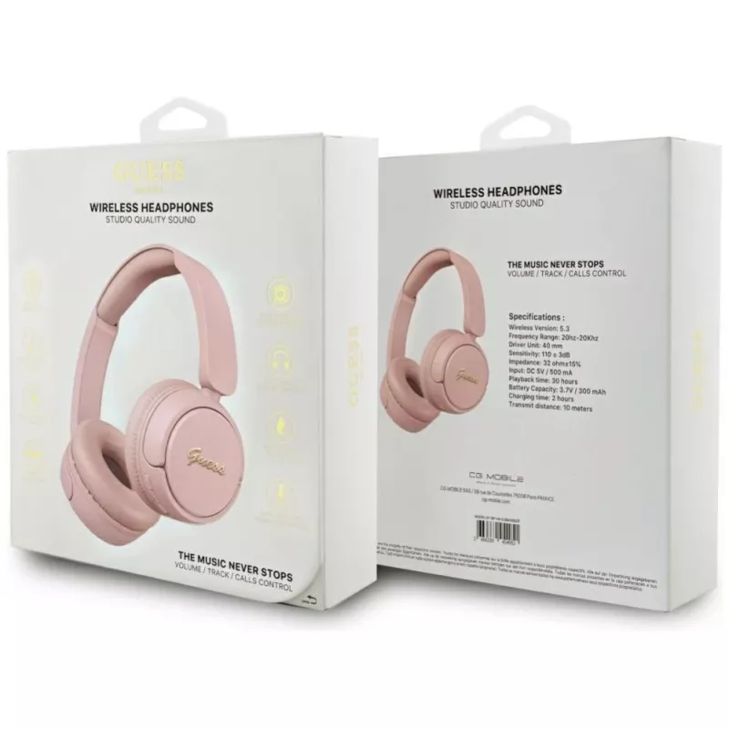Guess Metal Logo Script Bezprzewodowe słuchawki nauszne Bluetooth 5.3 (Różowy)