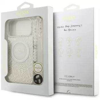 Guess IML Flowers Electro Pearl Strap MagSafe Case do iPhone 17 Pro Max Biały