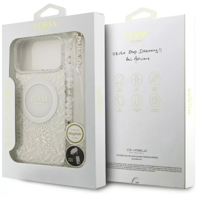 Guess IML Flowers Electro Pearl Strap MagSafe Case do iPhone 17 Pro Max Biały
