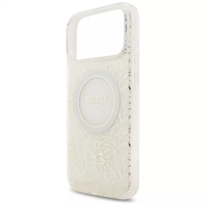 Guess IML Flowers Electro Pearl Strap MagSafe Case do iPhone 17 Pro Max Biały