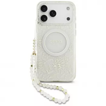 Guess IML Flowers Electro Pearl Strap MagSafe Case do iPhone 17 Pro Max Biały