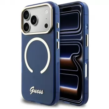Guess IML Script Metal MagSafe Case do iPhone 17 Pro Niebieski