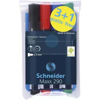 Schneider Maxx 290 Marker do tablic suchościeralnych i flipchartów, kolory mieszane 2,0 - 5,0 mm, opakowanie 4 szt.