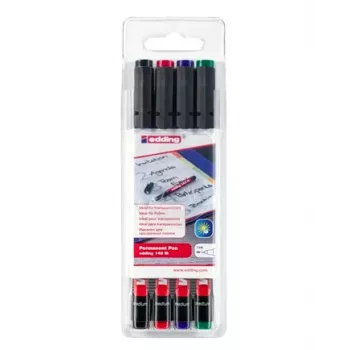 EDDING 142 M OHP Marker Set - Czarny, Niebieski, Zielony, Czerwony - Okrągła Końcówka - Średnia - 1 mm - Tusz na Bazie Alkoholu - Do Foli, Szkła, Plastiku