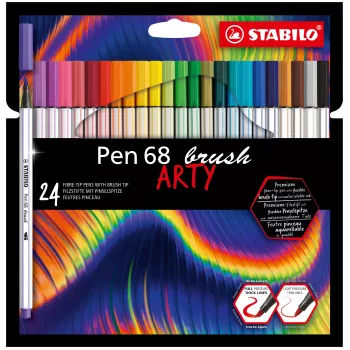 STABILO Pen 68 Brush ARTY Edition 24-częściowy zestaw w kartonowym etui - Pisaki z elastyczną końcówką pędzelkową do hand letteringu, bullet journalingu i ilustracji