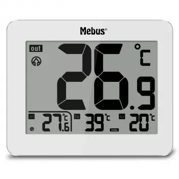 MEBUS 1074 Termometr cyfrowy z temperaturą wewnętrzną i zewnętrzną, wyświetlacz LCD, do montażu na ścianie, biały
