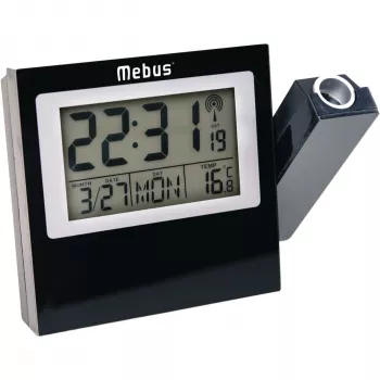 MEBUS 42424 Zegar budzikowy z projekcją, sterowany radiowo DCF77, czerwona projekcja LED, wyświetlacz LCD, podwójny budzik, temperatura wewnętrzna, niebieskie podświetlenie, czarny