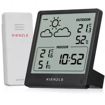 KIENZLE Weather Station Slim (15002) z bezprzewodowym czujnikiem zewnętrznym, wyświetlaczem LCD, prognozą pogody, fazą księżyca, budzikiem