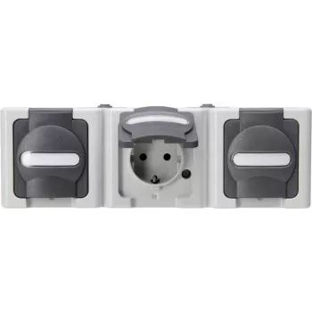 HEINRICH KOPP 3-Gang Surface-Mounted Socket Outlet, IP44, Grey, Horizontal, Schuko Type F, with Child Protection (131356005)
