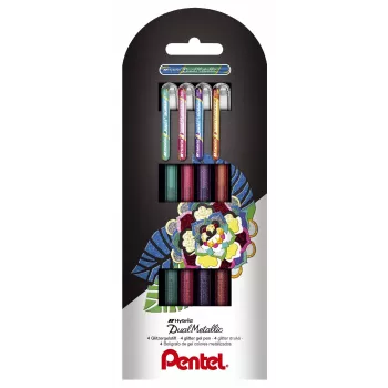 Zestaw długopisów żelowych Pentel Dual Metallic - 4 kolory (zielony, pomarańczowy, różowy, fioletowy) - 0,5 mm cienka końcówka - plastikowy korpus - blister