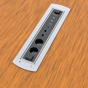 Kindermann CablePort Turn Tabletop Flush Mount z 2 gniazdami Schuko, 2 RJ45 CAT6, 2 HDMI, 1 USB-A 3.0, obrót 360°, srebrny/czarny