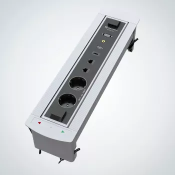 Kindermann CablePort Turn Tabletop Flush Mount z 2 gniazdami Schuko, 2 RJ45 CAT6, 2 HDMI, 1 USB-A 3.0, obrót 360°, srebrny/czarny