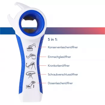First Aid Only 5-in-1 Multi-Opener do butelek i puszek, biały/niebieski, zmniejsza wysiłek