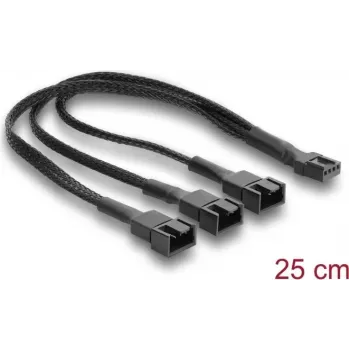 Przedłużacz rozdzielacz wentylatora Delock 1 x 4-pin PWM żeński na męski + 2 x 4-pin (3 piny podłączone) męski z oplotem 25 cm czarny