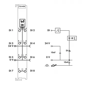 WAGO 753-430 - 8-kanałowy moduł wejść cyfrowych, 24 VDC, izolacja 5 kV, CAGE CLAMP, szyna DIN