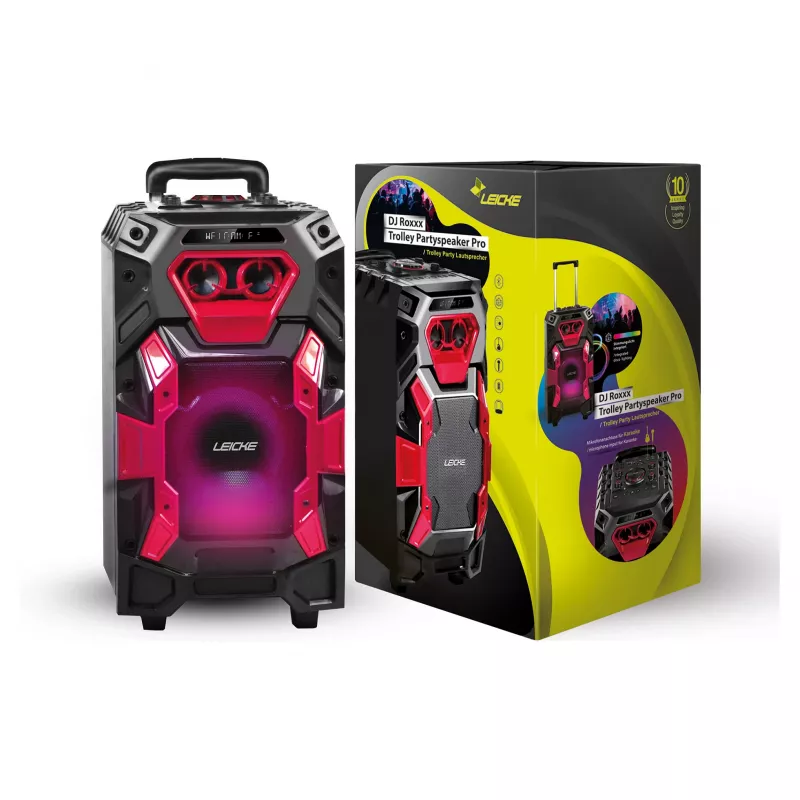 Leicke DJ ROXX TROLLEY PRO Przenośny System Nagłośnieniowy PA z Bluetooth, 100W RMS, 10-calowy głośnik niskotonowy, Oświetlenie LED, Wózek, Mikrofon, Pilot