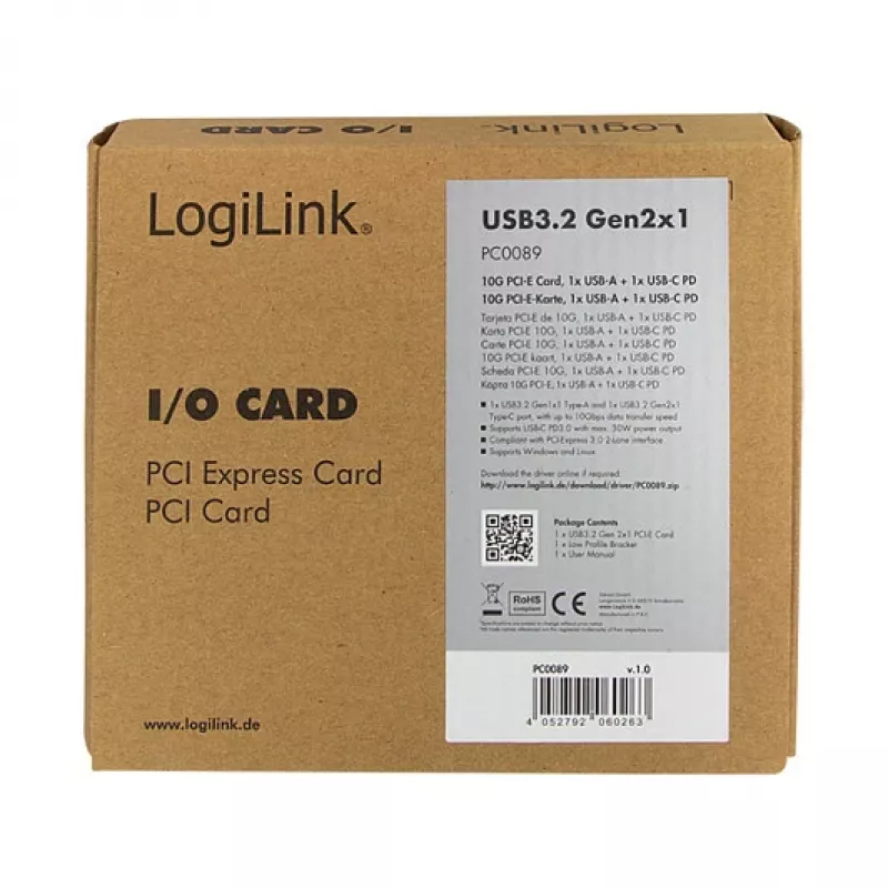 Karta LogiLink PCI Express USB 3.2, 5 Gb/s, 2 zewnętrzne + 3 wewnętrzne porty USB-A
