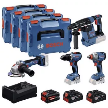 BOSCH POWERTOOLS Zestaw kombinowany 18V Akumulatorowa wiertarko-wkrętarka, wkrętarka udarowa, młotowiertarka, szlifierka kątowa (zestaw 4 narzędzi)