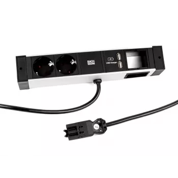 Bachmann DESK Rail Listwa zasilająca z 2 gniazdami Schuko i 2 portami USB do ładowania, kabel 2m, srebrny/czarny
