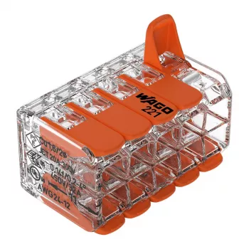 WAGO 221-420 Kompaktowy złącznik rozgałęźny z dźwigniami, 10-przewodowy, 0,2-4 mm², przezroczysta obudowa, pomarańczowa dźwignia, opakowanie 10 szt.