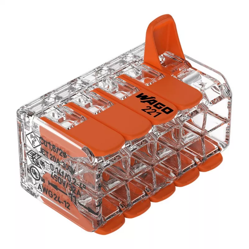 WAGO 221-420 Kompaktowy złącznik rozgałęźny z dźwigniami, 10-przewodowy, 0,2-4 mm², przezroczysta obudowa, pomarańczowa dźwignia, opakowanie 10 szt.