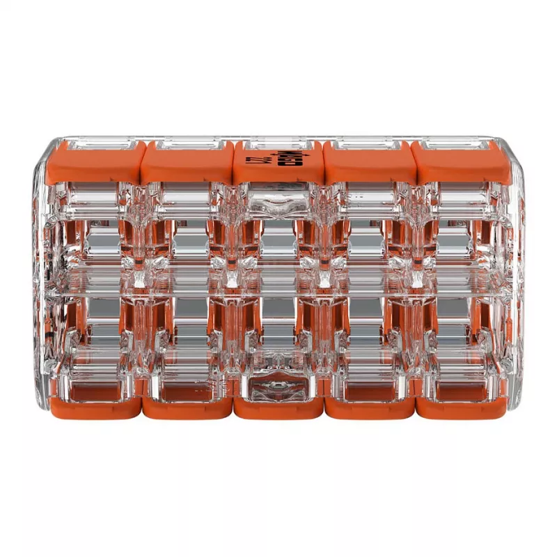 WAGO 221-420 Kompaktowy złącznik rozgałęźny z dźwigniami, 10-przewodowy, 0,2-4 mm², przezroczysta obudowa, pomarańczowa dźwignia, opakowanie 10 szt.