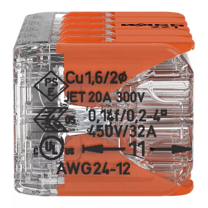 WAGO 221-420 Kompaktowy złącznik rozgałęźny z dźwigniami, 10-przewodowy, 0,2-4 mm², przezroczysta obudowa, pomarańczowa dźwignia, opakowanie 10 szt.