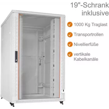 IT-BUDGET 19-Inch Network Cabinet SRK - 27U - 800x800 mm - Glass/Solid Steel Door - Cable Ducts - Flatpack - Light Grey (RAL 7035)
