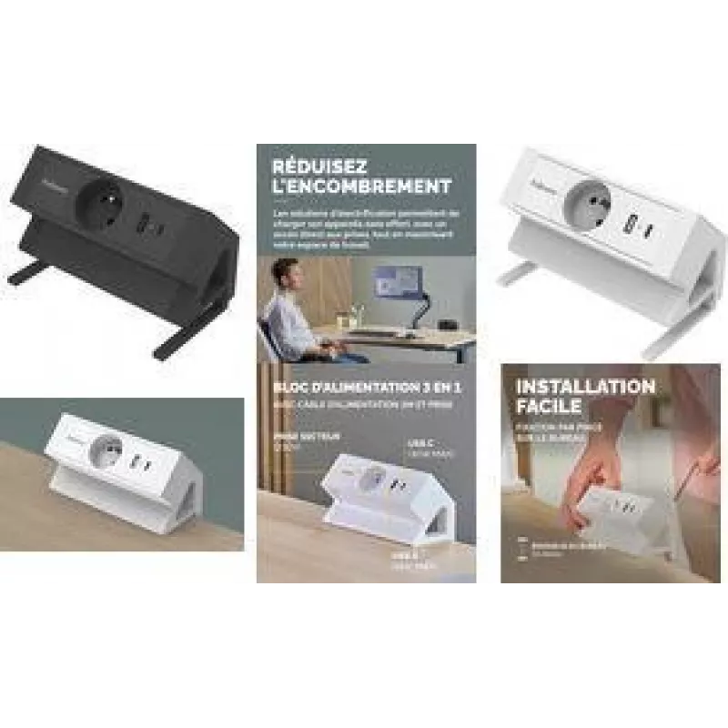 Fellowes Power Desk Listwa zasilająca na biurko Typ E Biała 3 gniazda AC 2 USB-A 2m kabel