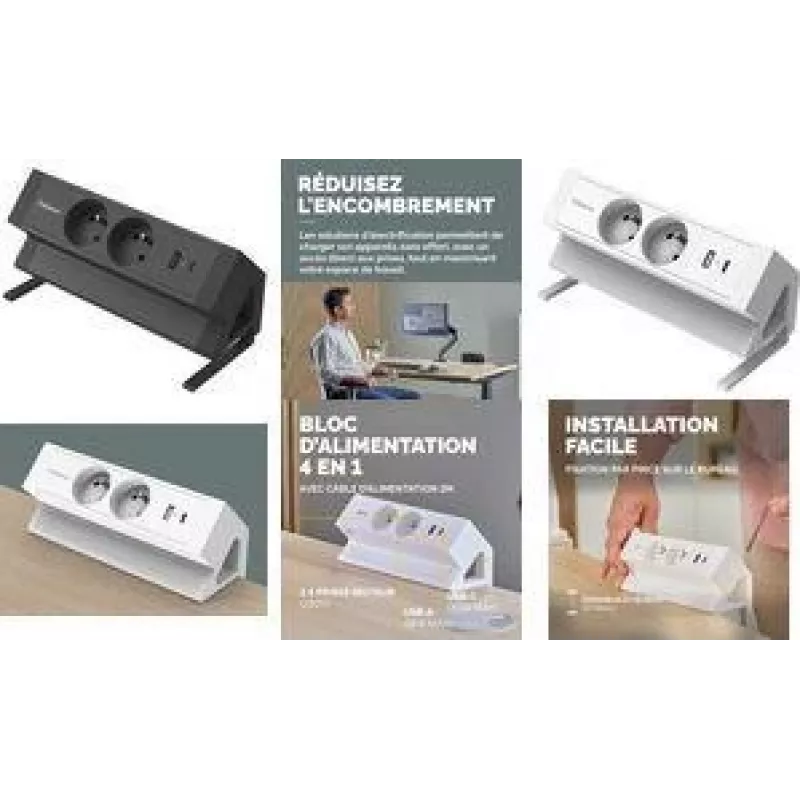 Fellowes Power Desk 2 Listwa zasilająca na biurko, Typ E, 2 gniazda, 2 USB, Czarny