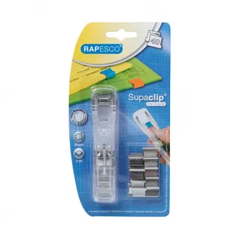 Rapesco Supaclip 40 Dispenser – przezroczysty – 40 kartek – stalowe klipsy – 8 klipsów w zestawie