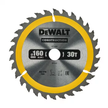 DEWALT TCT Brzeszczot do piły tarczowej 160x20mm 30T +10° Kąt natarcia 16mm Pierścień