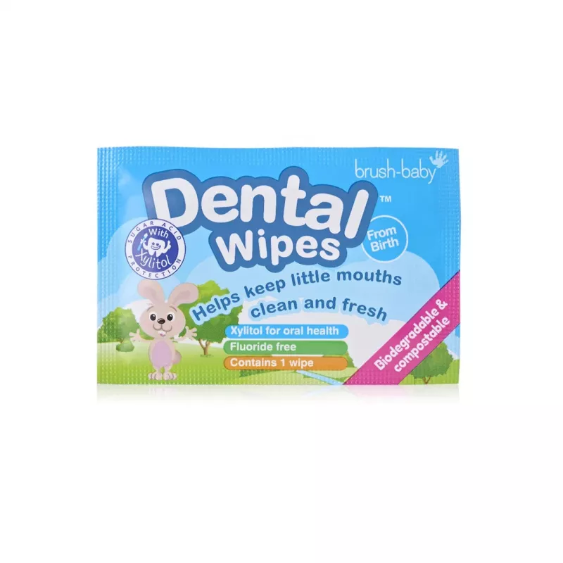 BRUSH BABY Dental Wipes chusteczki z ksylitolem do czyszczenia dziąseł i zębów mlecznych 0–16 m, 28 szt.