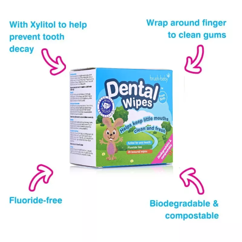 BRUSH BABY Dental Wipes chusteczki z ksylitolem do czyszczenia dziąseł i zębów mlecznych 0–16 m, 28 szt.